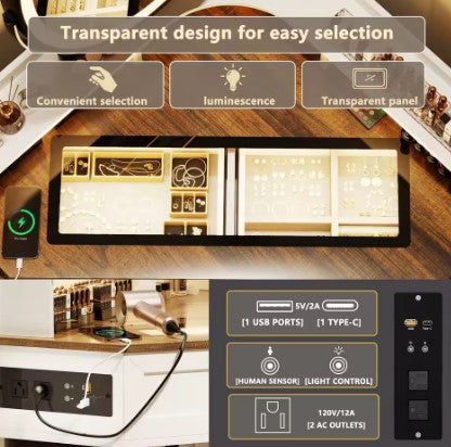 Vanity Desk with Mirror and Lights, Makeup Vanity with Charging Station&Human Sensor Light