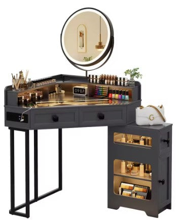 Vanity Desk with Mirror and Lights, Makeup Vanity with Charging Station&Human Sensor Light
