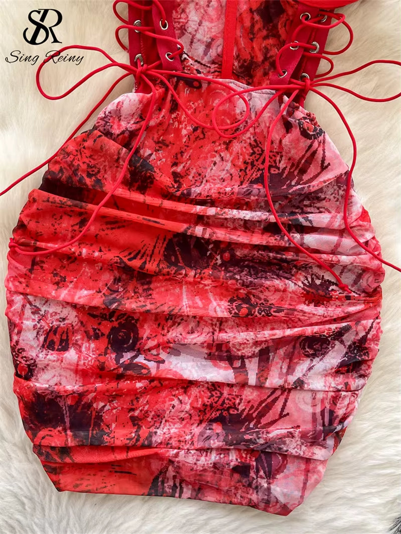 SINGREINY Summer Short Strap Dress Ladies Strapless Lace up Hollow Out Design Pleated Slim Fit Print Sexy Clubwear Bodycon Dress