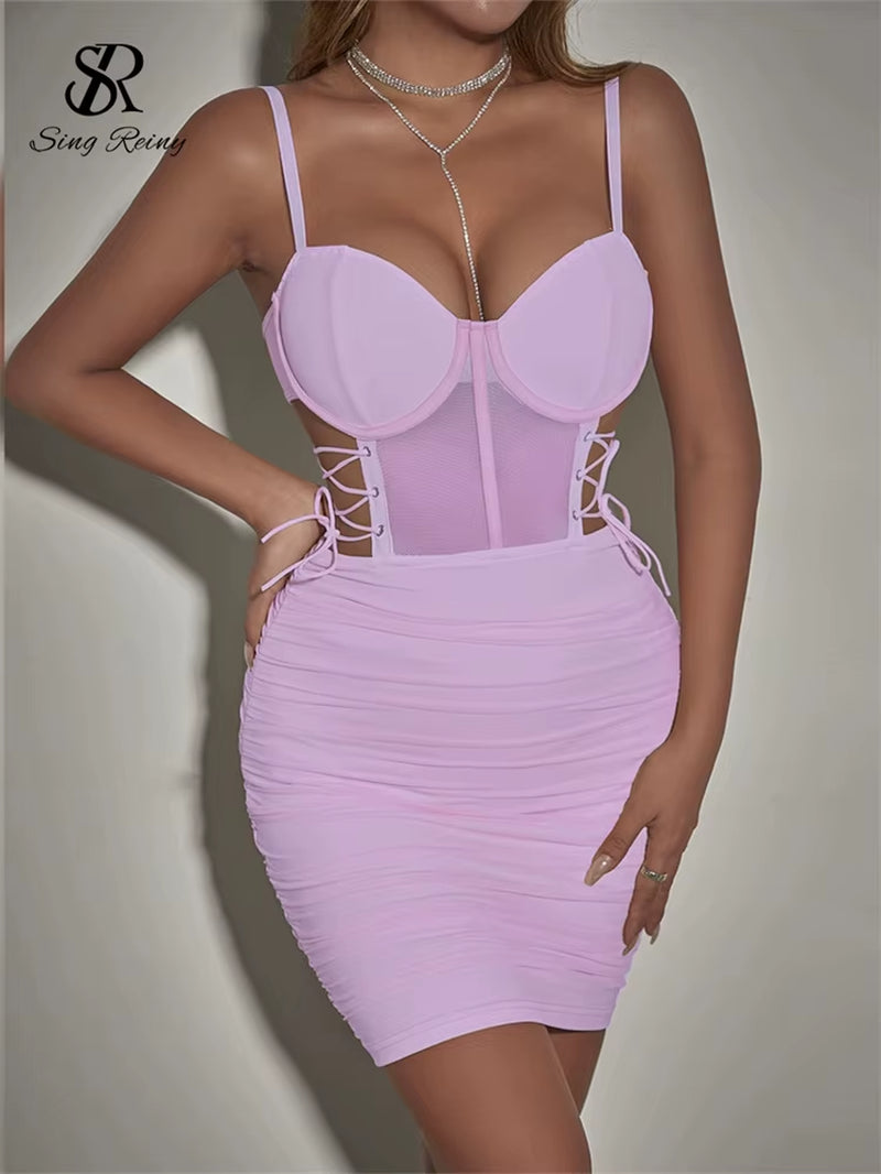 SINGREINY Summer Short Strap Dress Ladies Strapless Lace up Hollow Out Design Pleated Slim Fit Print Sexy Clubwear Bodycon Dress