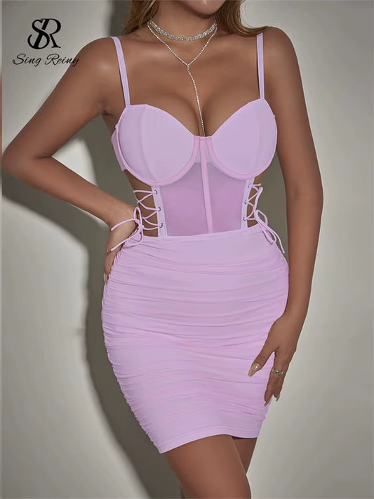 SINGREINY Summer Short Strap Dress Ladies Strapless Lace up Hollow Out Design Pleated Slim Fit Print Sexy Clubwear Bodycon Dress
