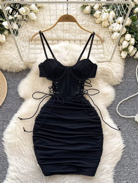 SINGREINY Summer Short Strap Dress Ladies Strapless Lace up Hollow Out Design Pleated Slim Fit Print Sexy Clubwear Bodycon Dress