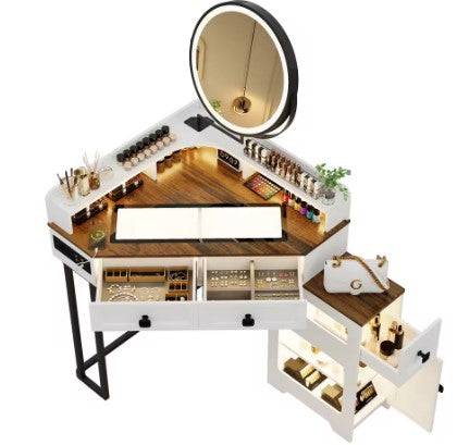 Vanity Desk with Mirror and Lights, Makeup Vanity with Charging Station&Human Sensor Light