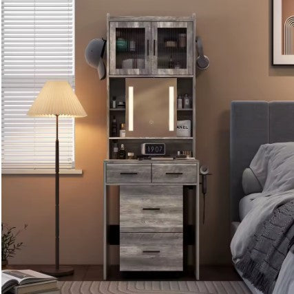 Small Vanity Desk with Sliding Mirror and LED Lights