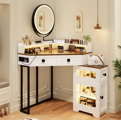Vanity Desk with Mirror and Lights, Makeup Vanity with Charging Station&Human Sensor Light