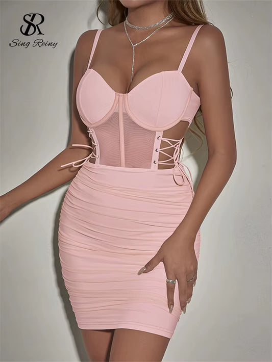 SINGREINY Summer Short Strap Dress Ladies Strapless Lace up Hollow Out Design Pleated Slim Fit Print Sexy Clubwear Bodycon Dress