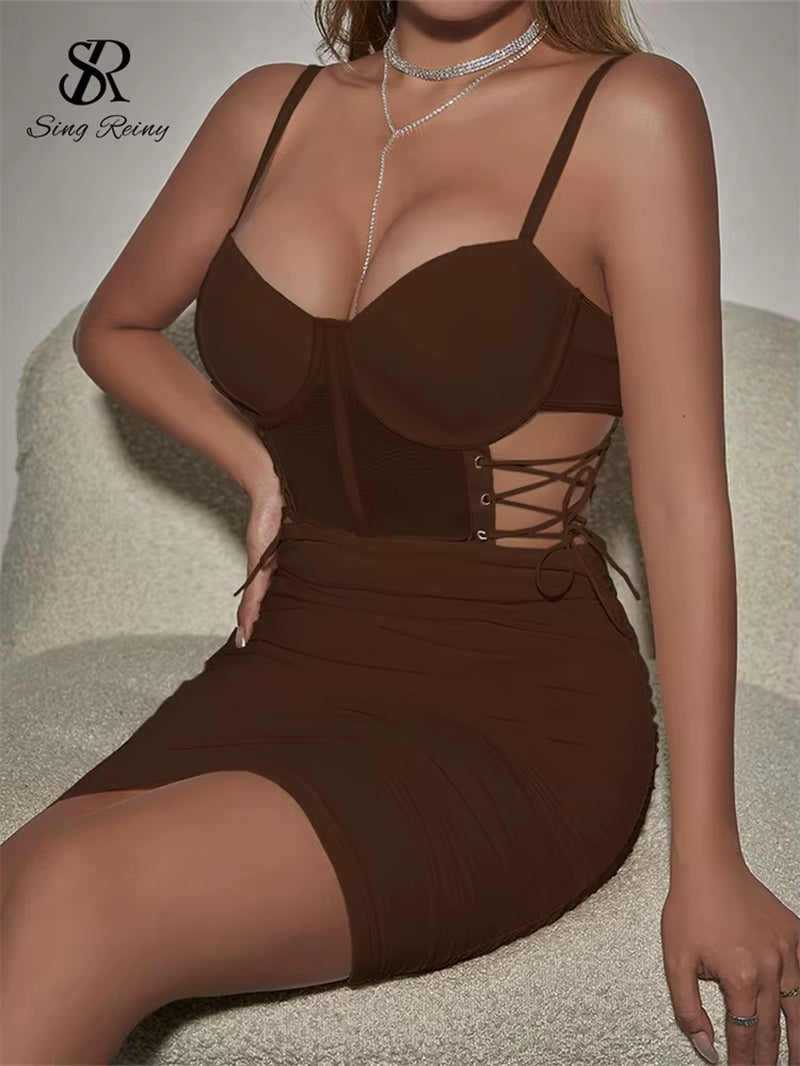 SINGREINY Summer Short Strap Dress Ladies Strapless Lace up Hollow Out Design Pleated Slim Fit Print Sexy Clubwear Bodycon Dress