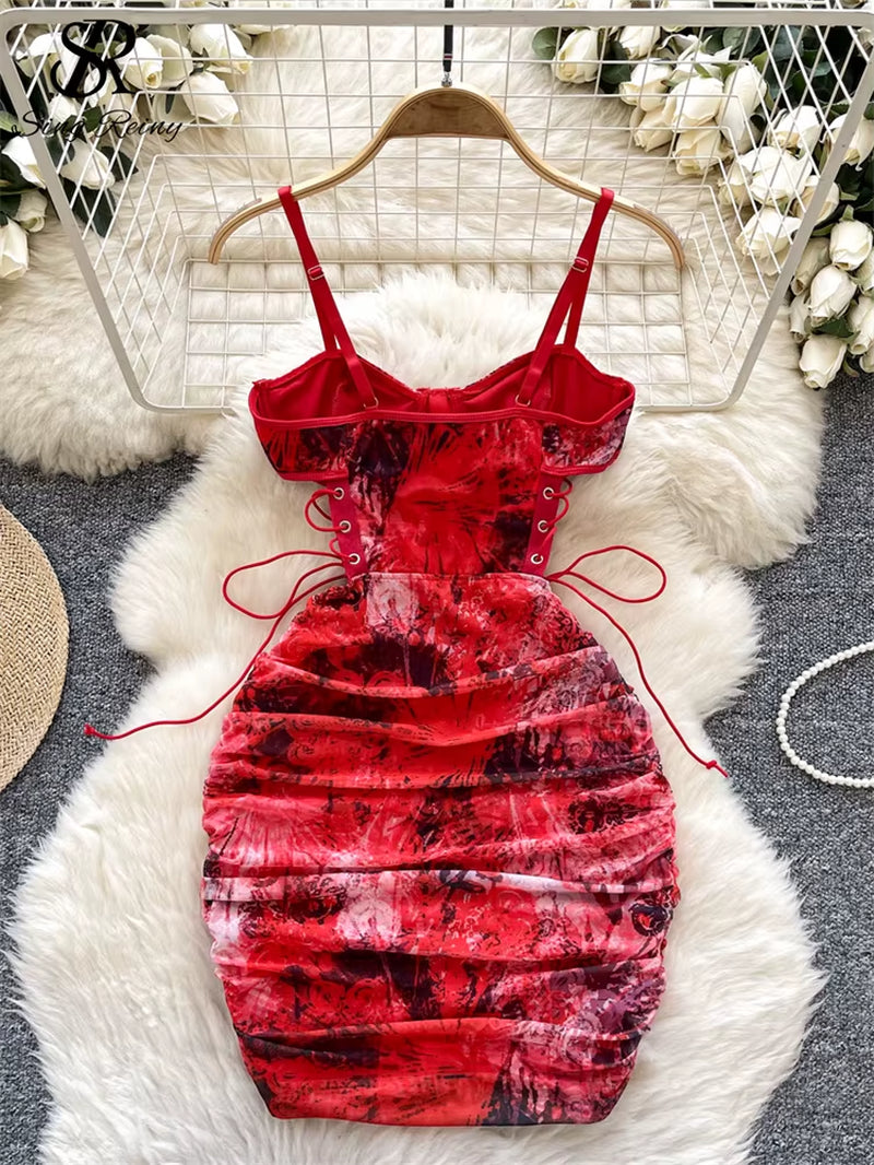 SINGREINY Summer Short Strap Dress Ladies Strapless Lace up Hollow Out Design Pleated Slim Fit Print Sexy Clubwear Bodycon Dress